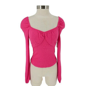 Bar III Shirt Barbie Magenta Pink Long Sleeve Stretch Rib Knit Crop Top